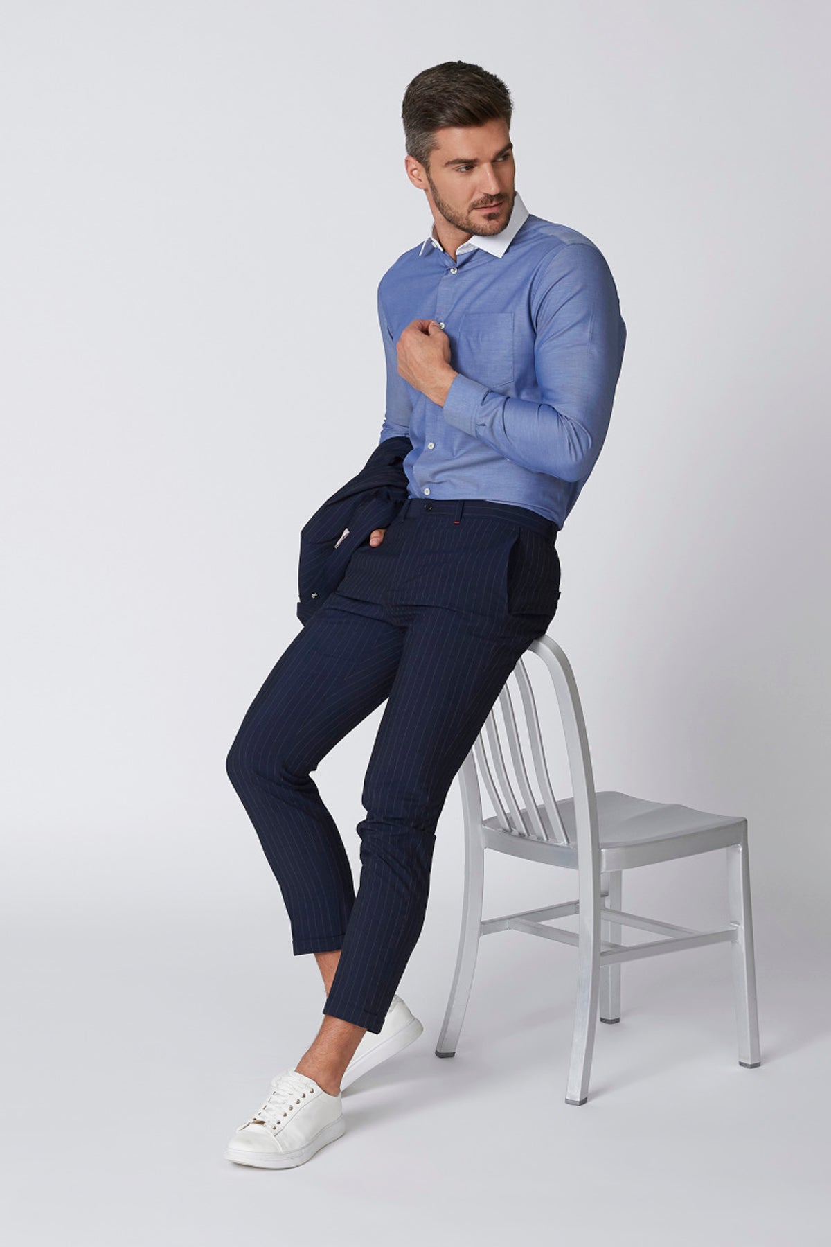 Solid Shirt with Contrast Spread Collar and Patch Pocket