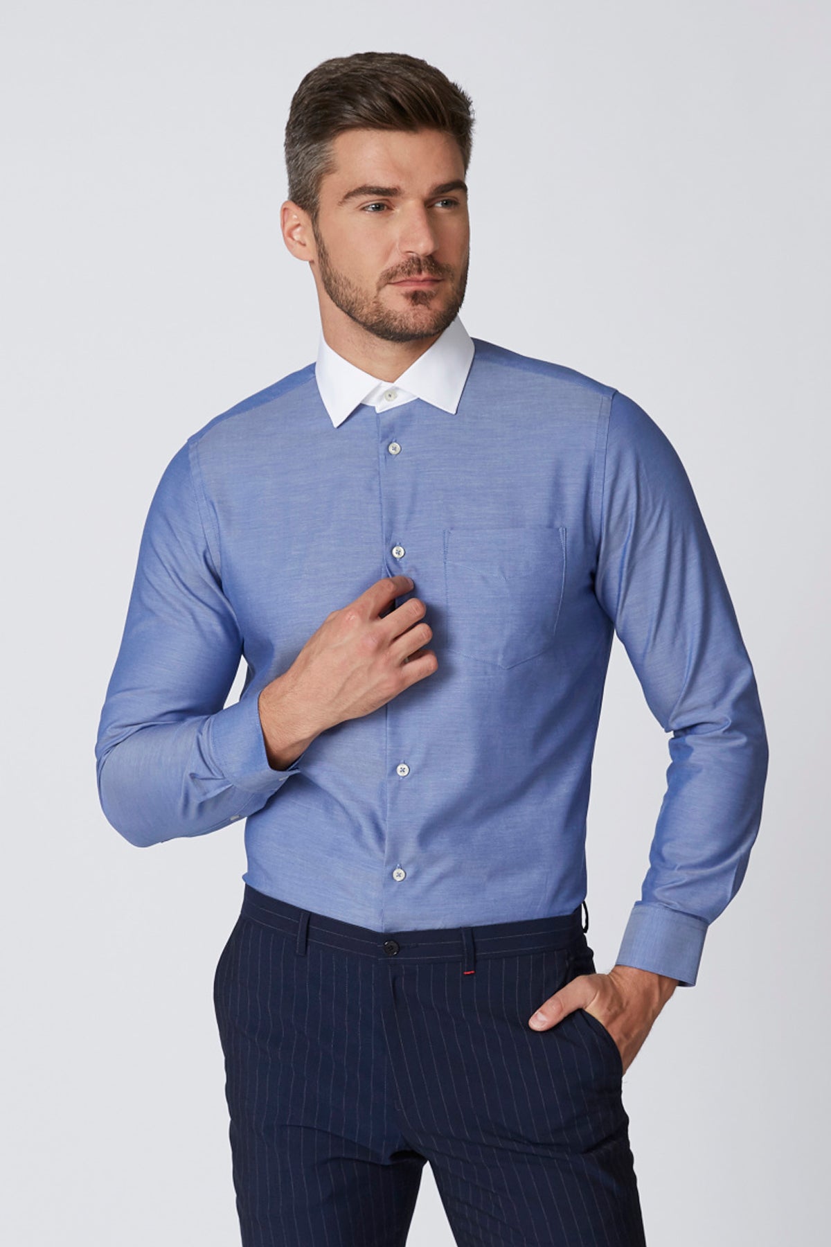 Solid Shirt with Contrast Spread Collar and Patch Pocket