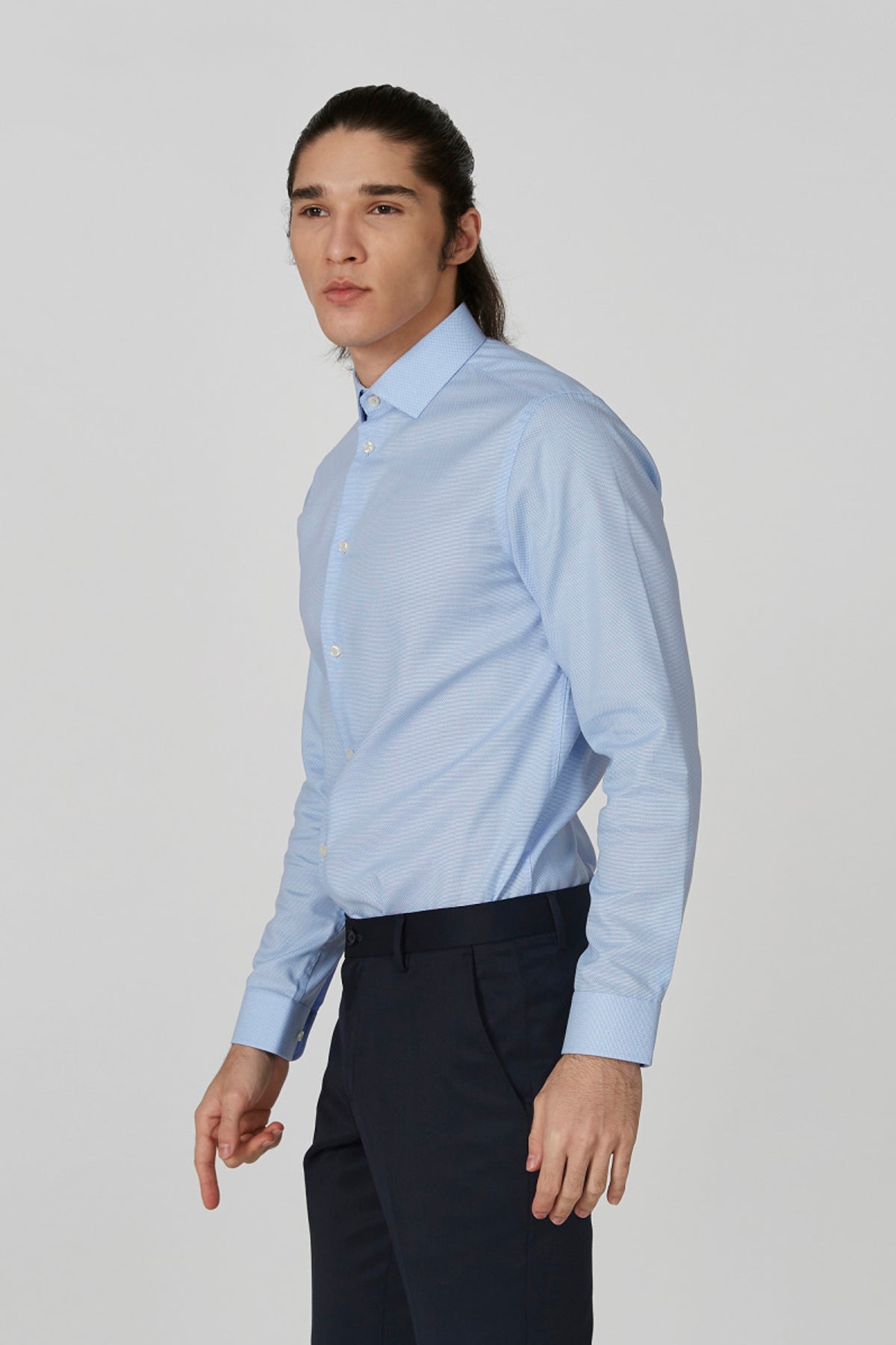 Textured Shirt with Spread Collar and Long Sleeves