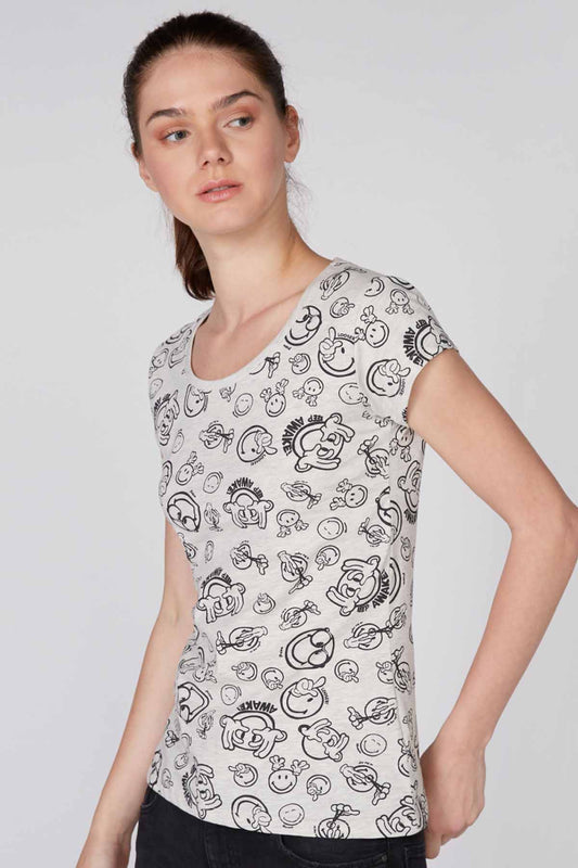 Printed T-Shirt with Round Neck and Cap Sleeves