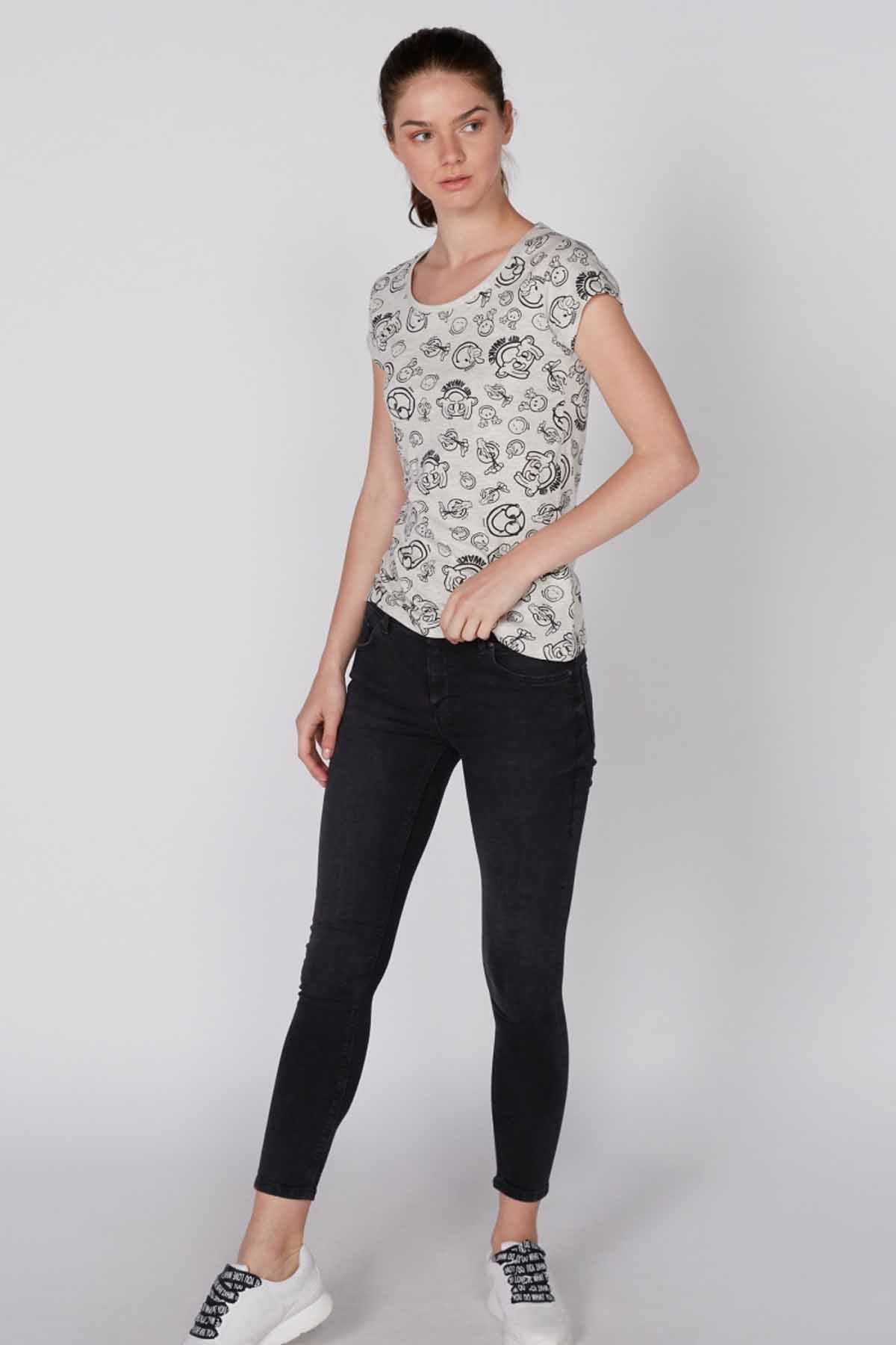 Printed T-Shirt with Round Neck and Cap Sleeves