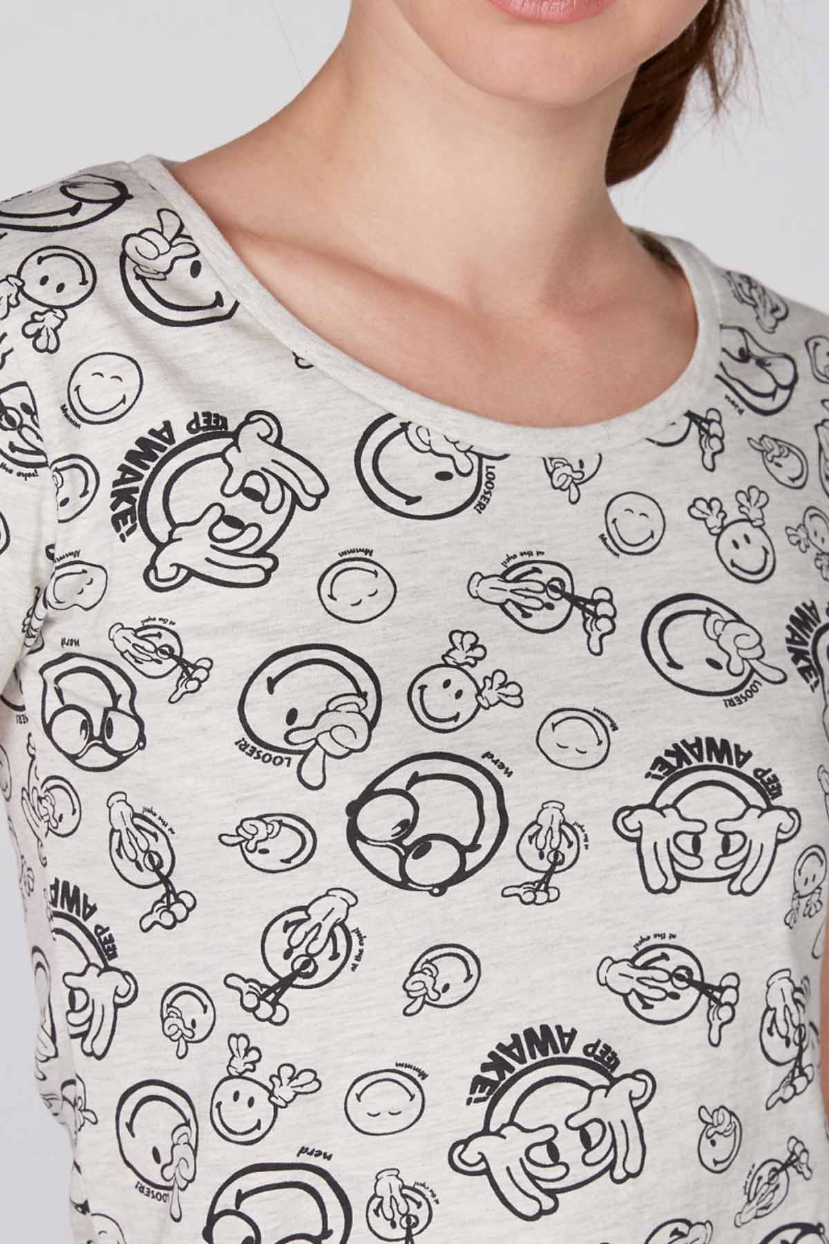 Printed T-Shirt with Round Neck and Cap Sleeves