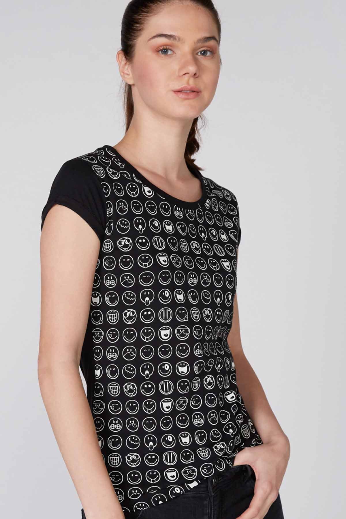 Printed T-Shirt with Round Neck and Cap Sleeves