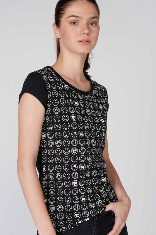 Printed T-Shirt with Round Neck and Cap Sleeves