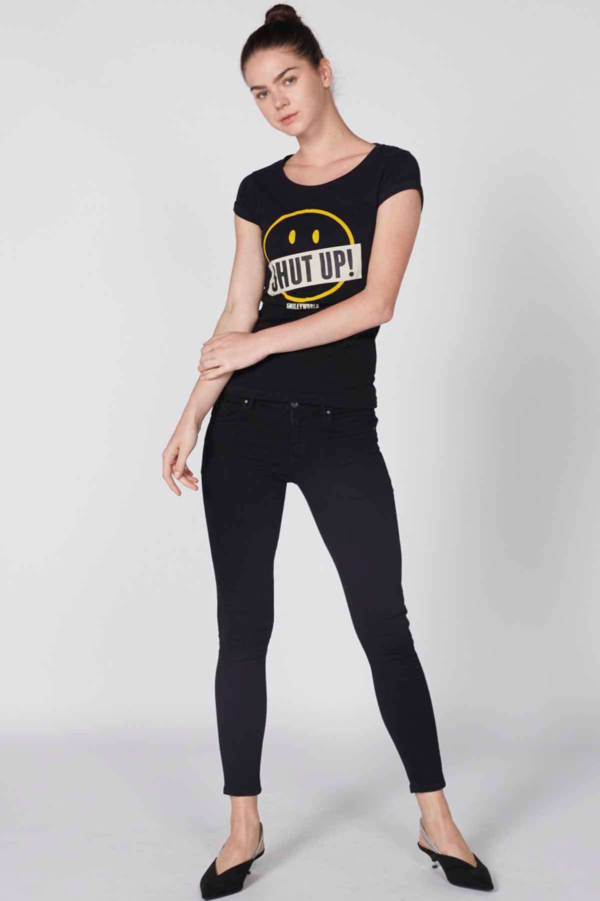 Printed T-Shirt with Round Neck and Cap Sleeves