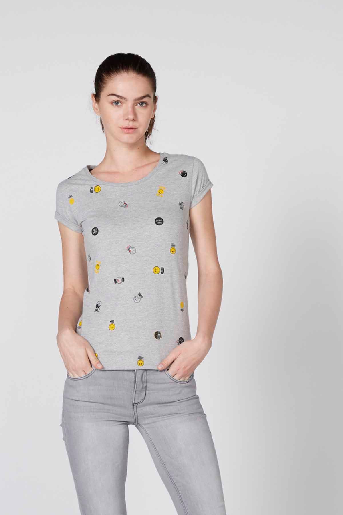 Printed T-Shirt with Round Neck and Cap Sleeves