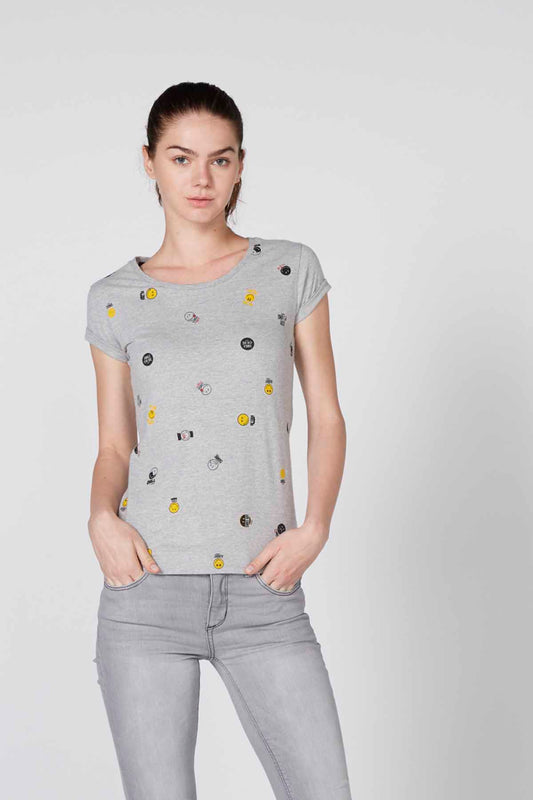 Printed T-Shirt with Round Neck and Cap Sleeves