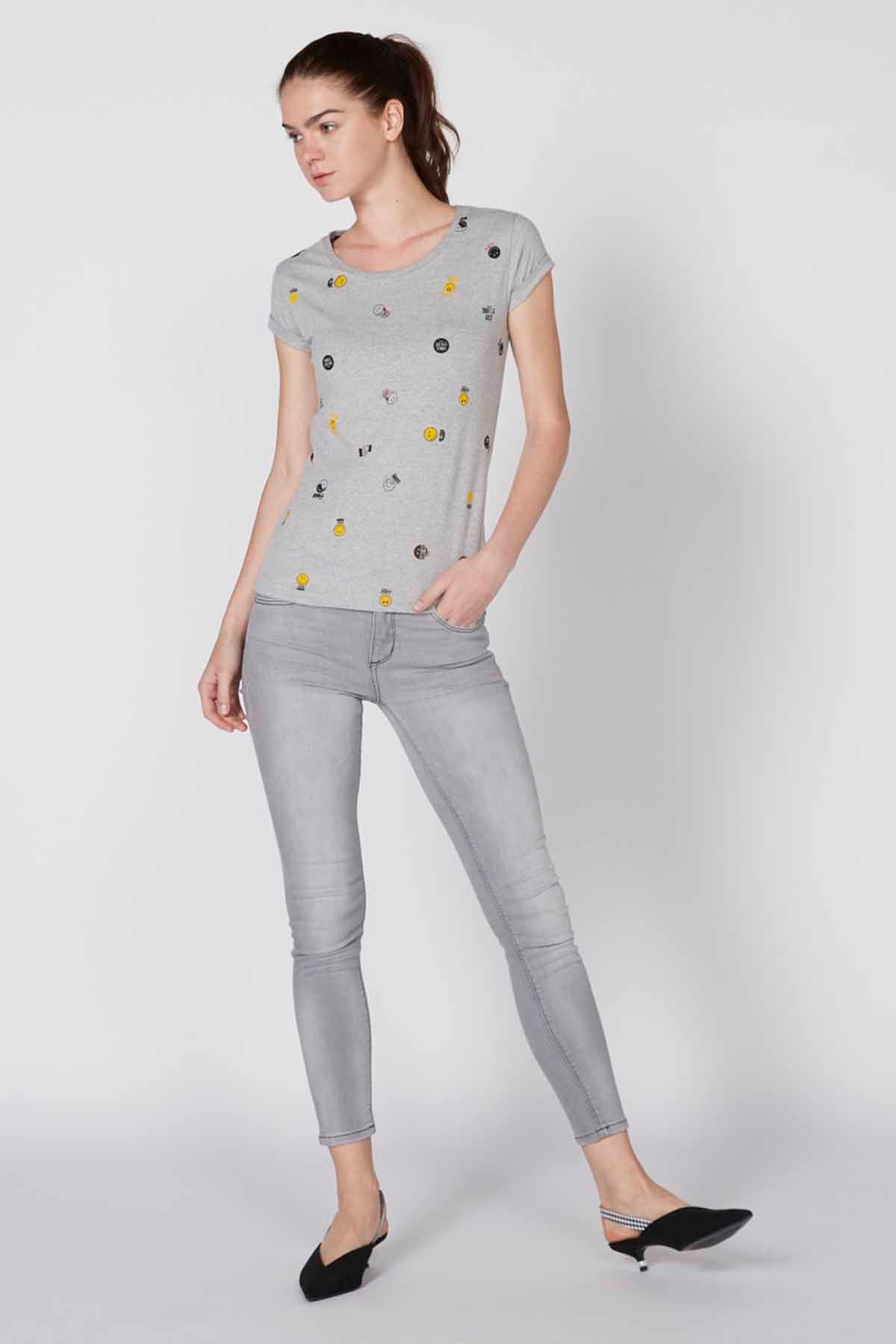 Printed T-Shirt with Round Neck and Cap Sleeves