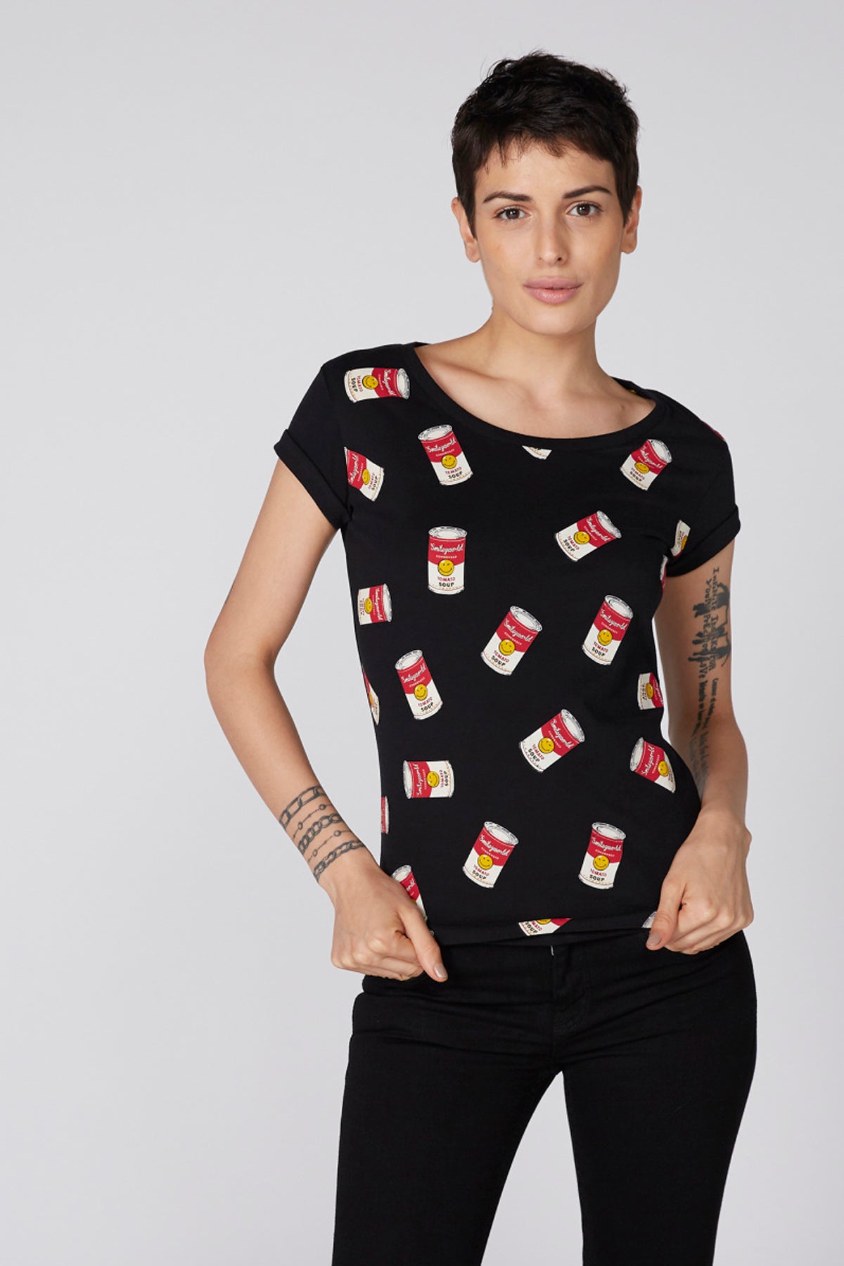 Printed T-Shirt with Boat Neck and Cap Sleeves