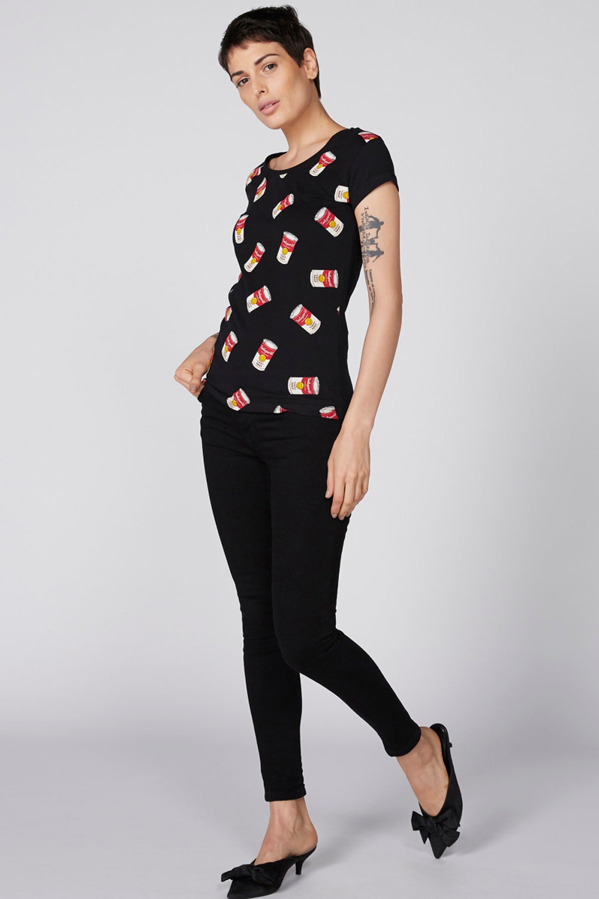 Printed T-Shirt with Boat Neck and Cap Sleeves
