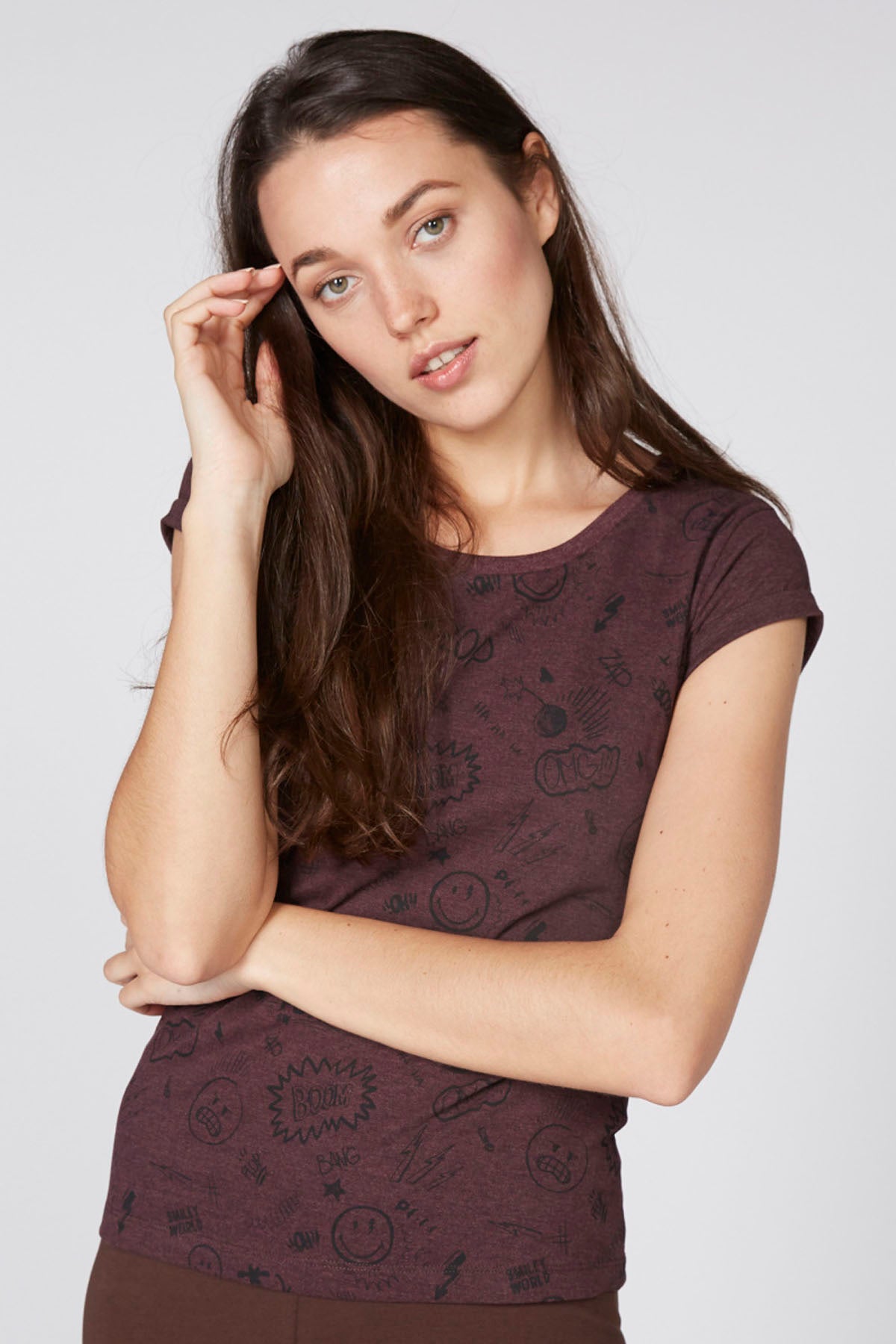 Printed T-Shirt with Round Neck and Cap Sleeves