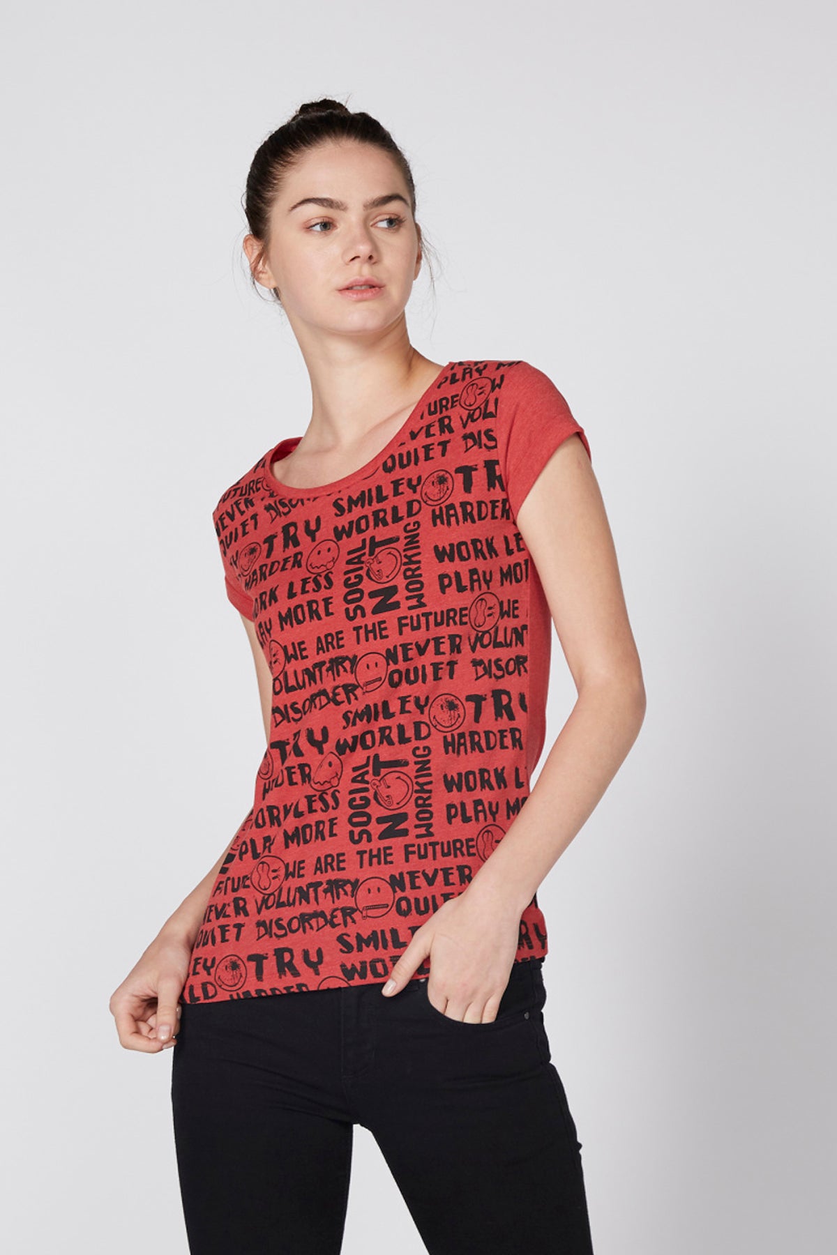 Printed T-Shirt with Round Neck and Cap Sleeves