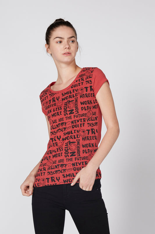 Printed T-Shirt with Round Neck and Cap Sleeves