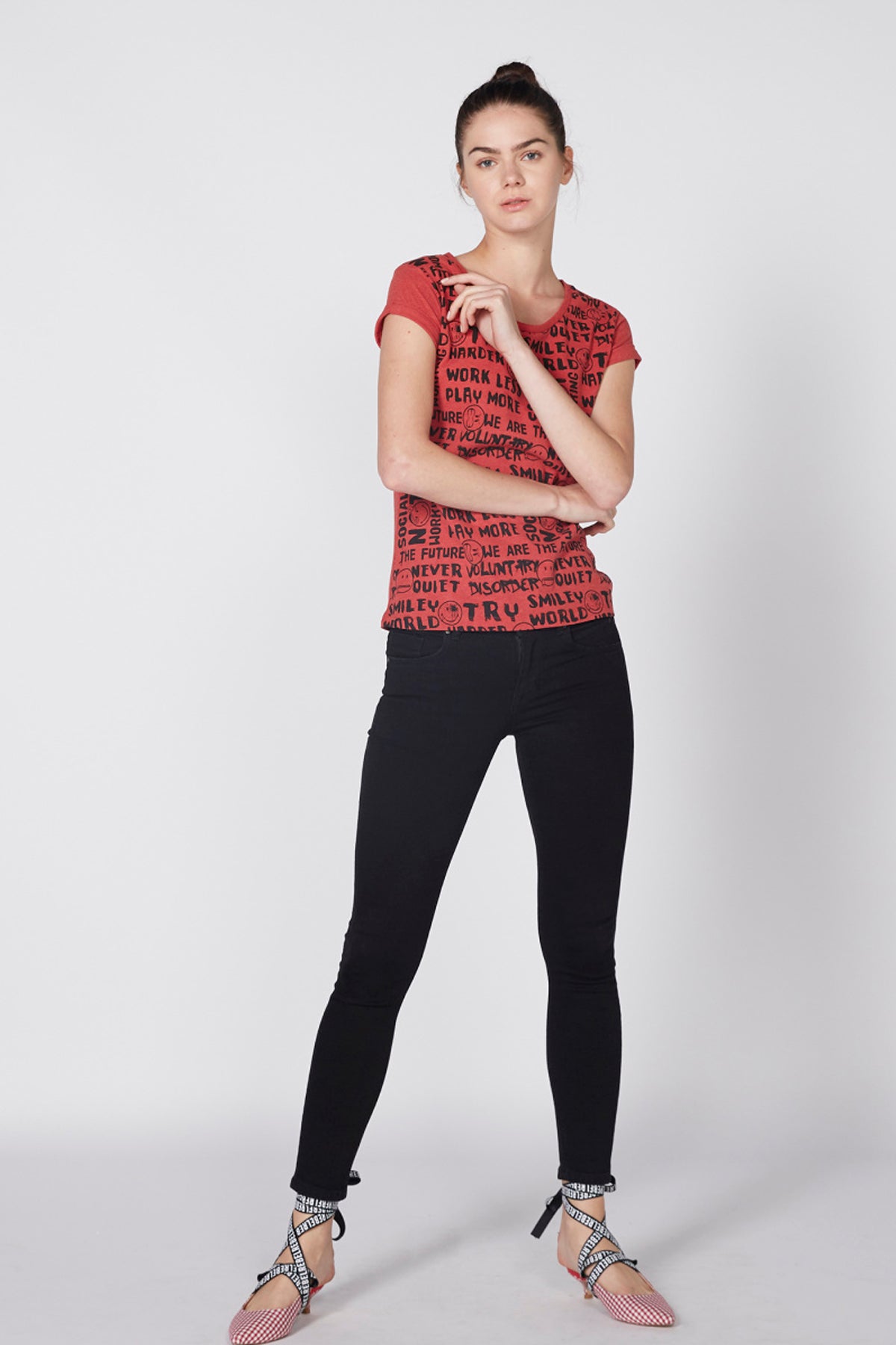Printed T-Shirt with Round Neck and Cap Sleeves