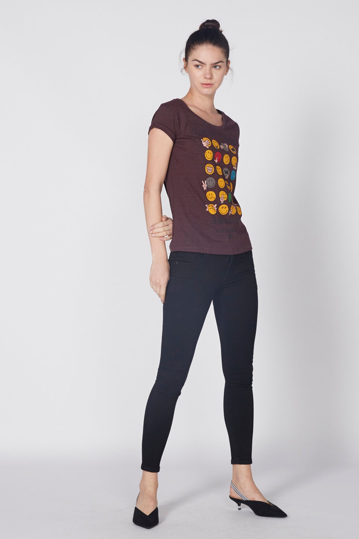 Printed T-Shirt with Round Neck and Cap Sleeves