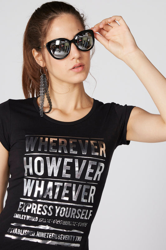 Printed Round Neck T-Shirt with Cap Sleeves