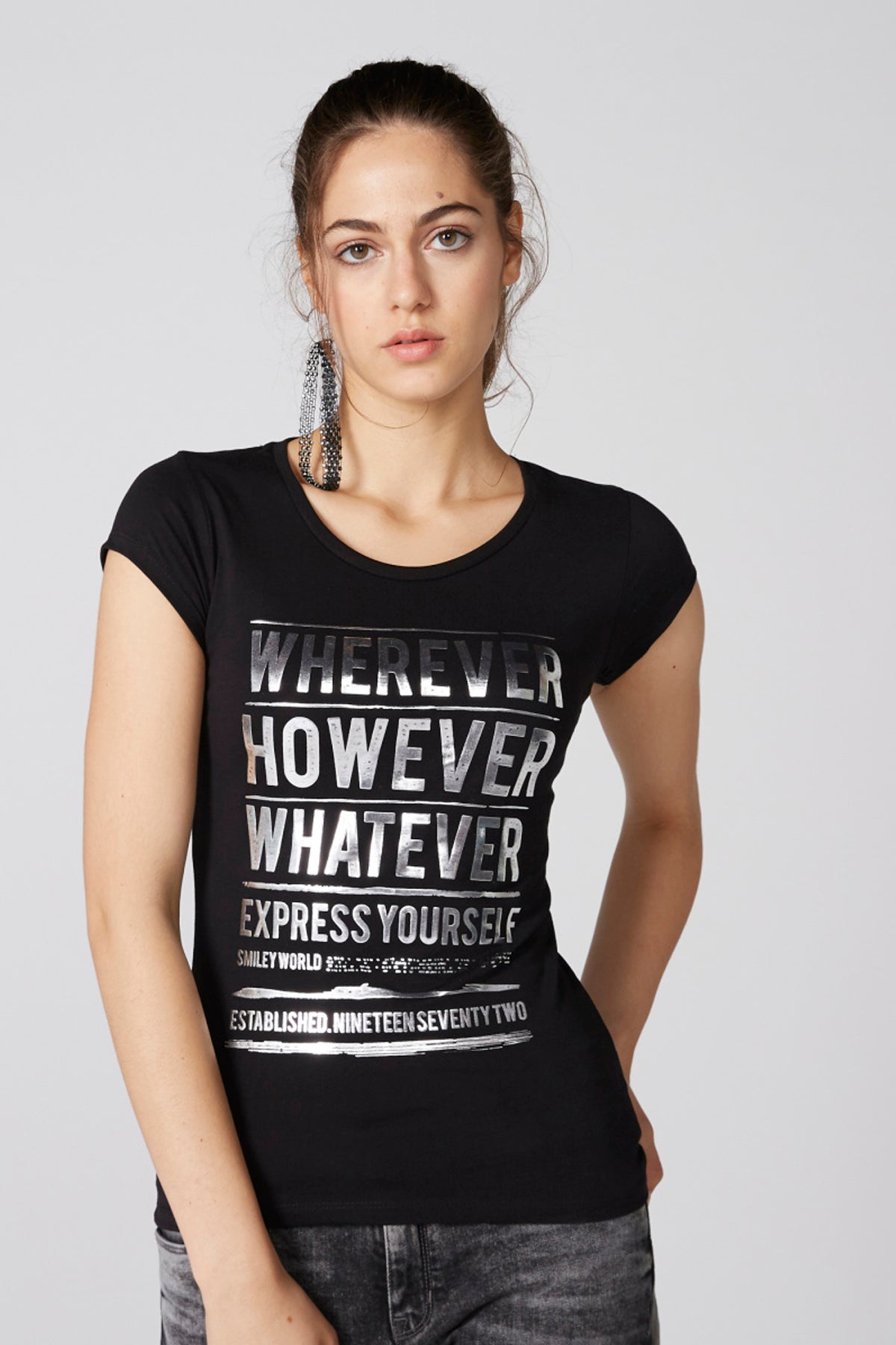 Printed Round Neck T-Shirt with Cap Sleeves