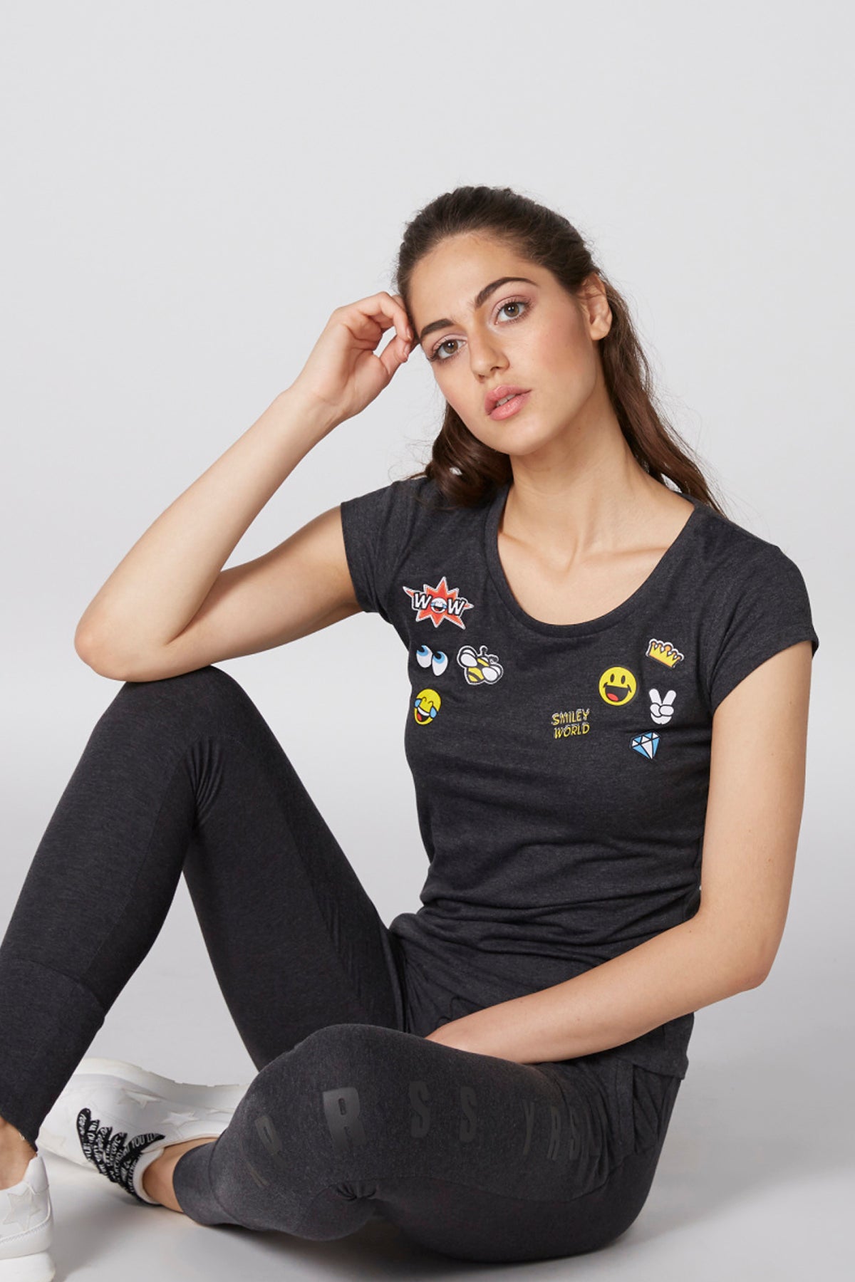 Printed T-Shirt with Round Neck and Cap Sleeves