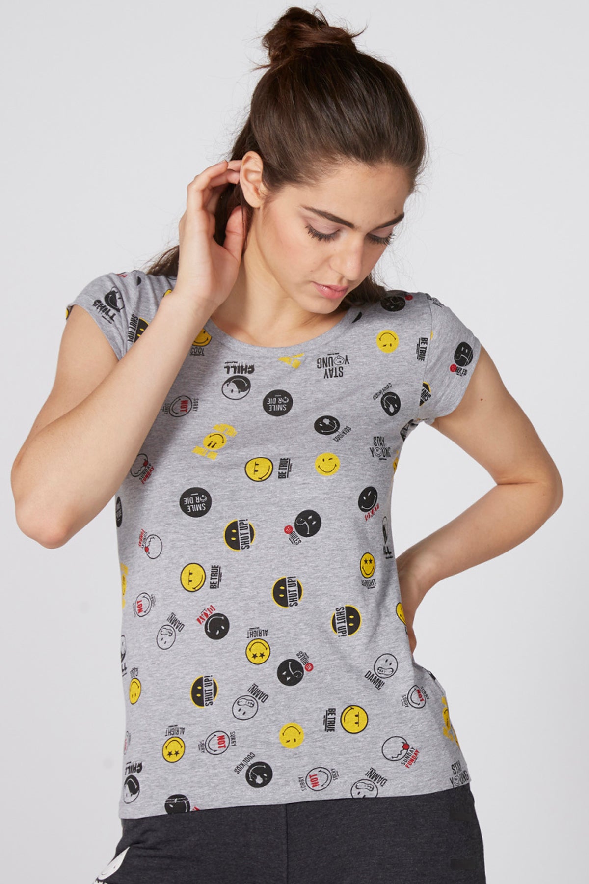 Printed T-Shirt with Round Neck and Cap Sleeves