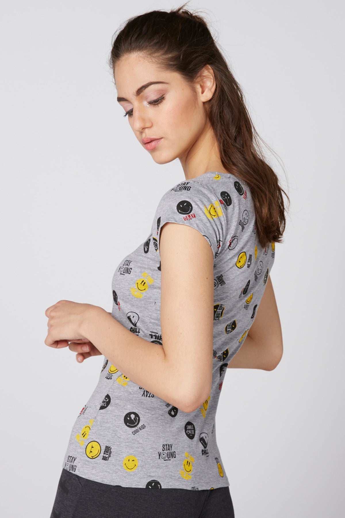 Printed T-Shirt with Round Neck and Cap Sleeves