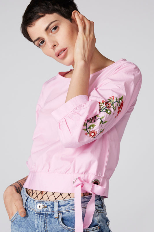 Embroidered Boat Neck Top with Long Sleeves and Pearl Detail