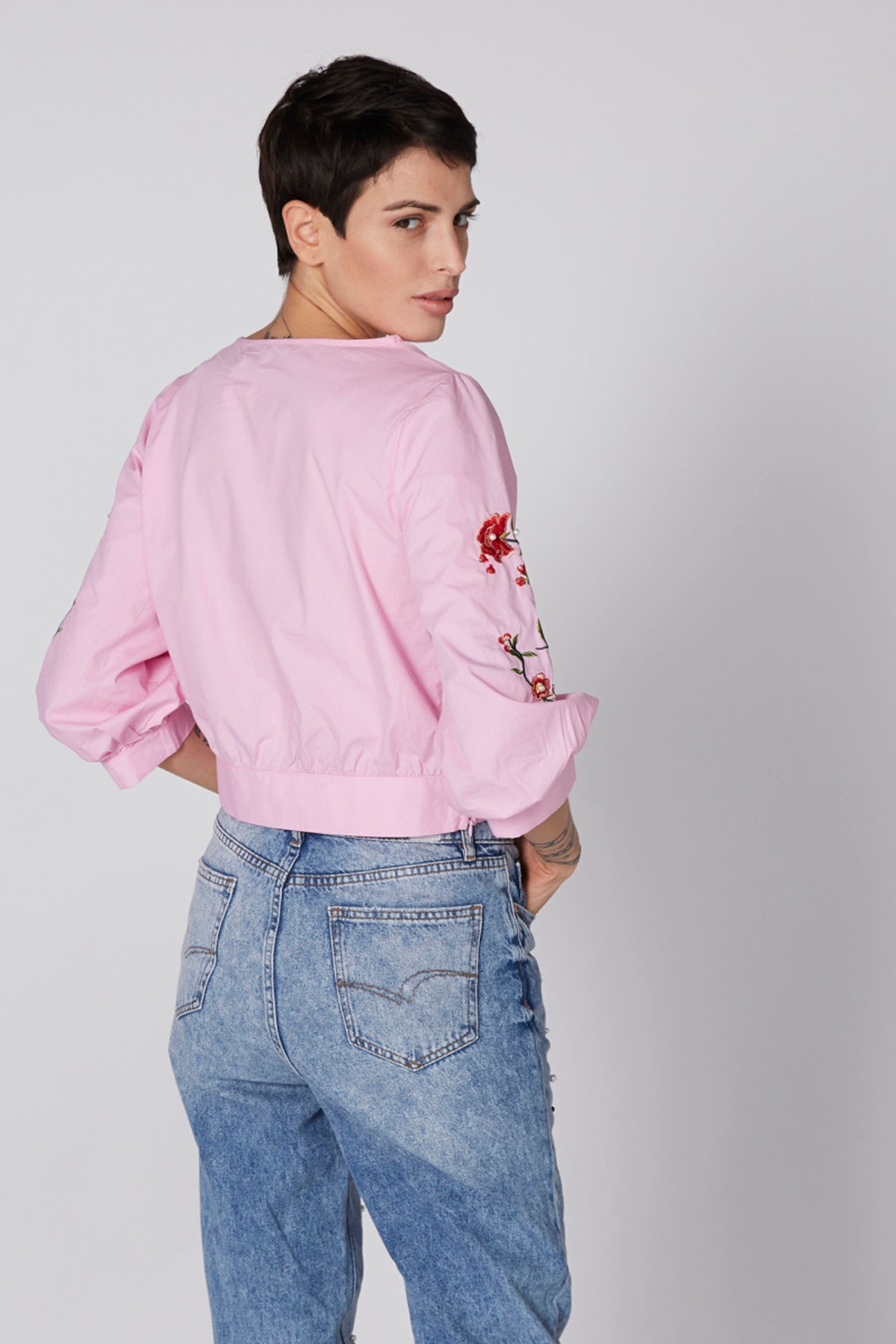 Embroidered Boat Neck Top with Long Sleeves and Pearl Detail