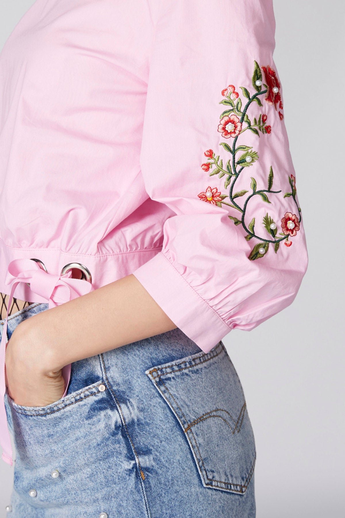 Embroidered Boat Neck Top with Long Sleeves and Pearl Detail