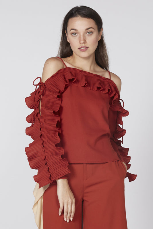 Ruffle Detail Off Shoulder Top with Long Sleeves