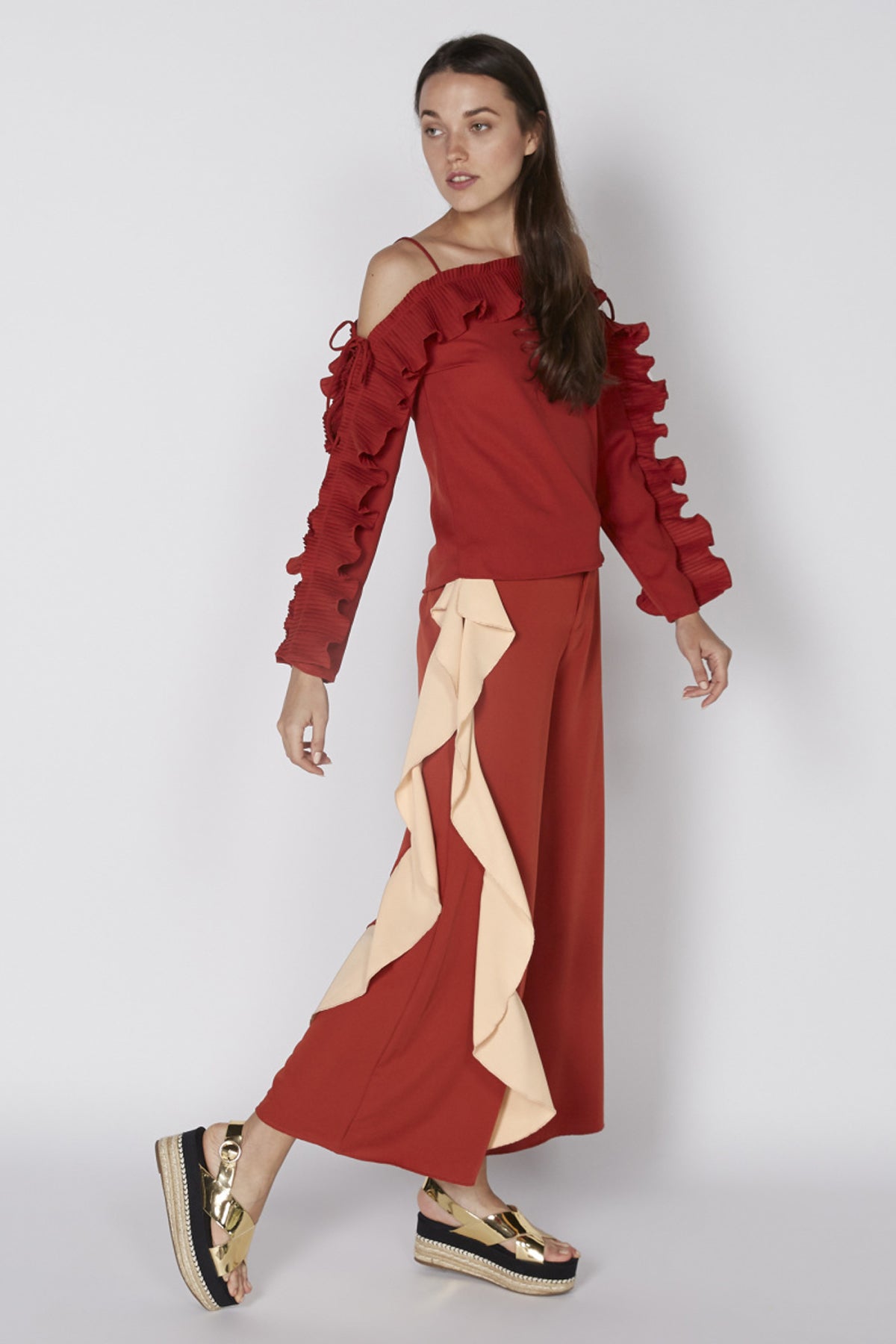 Ruffle Detail Off Shoulder Top with Long Sleeves