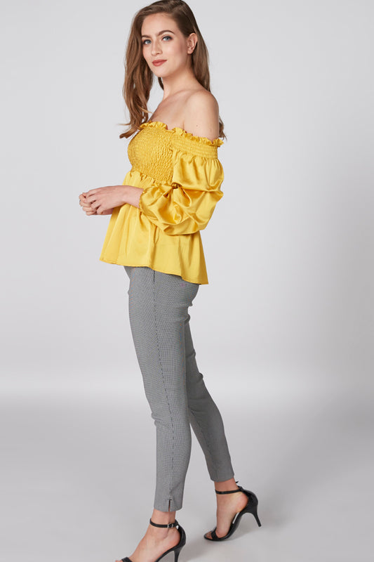 Off Shoulder Top with 3/4 Sleeves and Smocking Detail