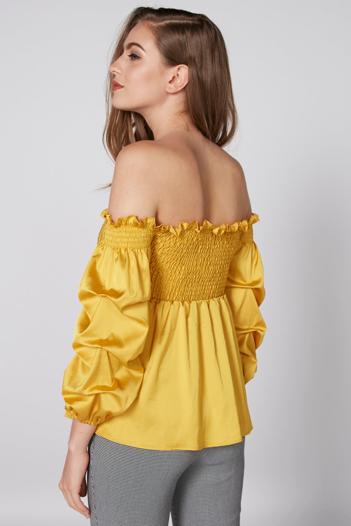 Off Shoulder Top with 3/4 Sleeves and Smocking Detail