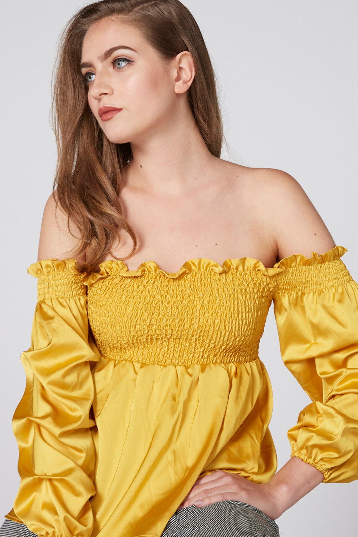 Off Shoulder Top with 3/4 Sleeves and Smocking Detail