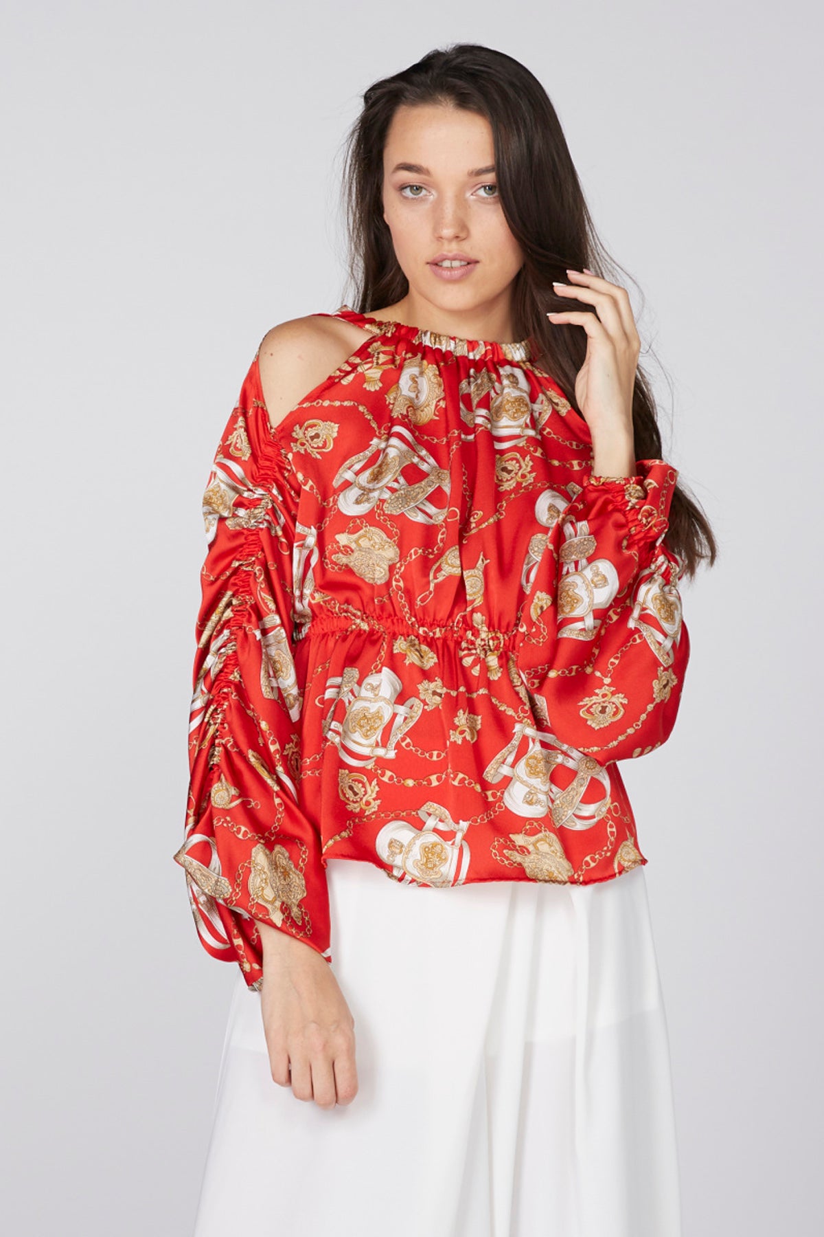 Printed Cold Shoulder Top with Ruched Long Sleeves