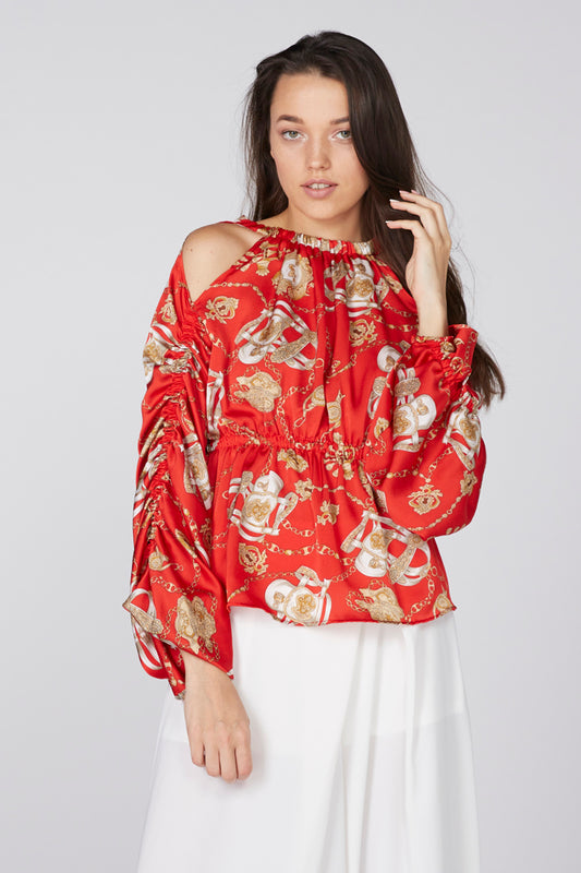 Printed Cold Shoulder Top with Ruched Long Sleeves