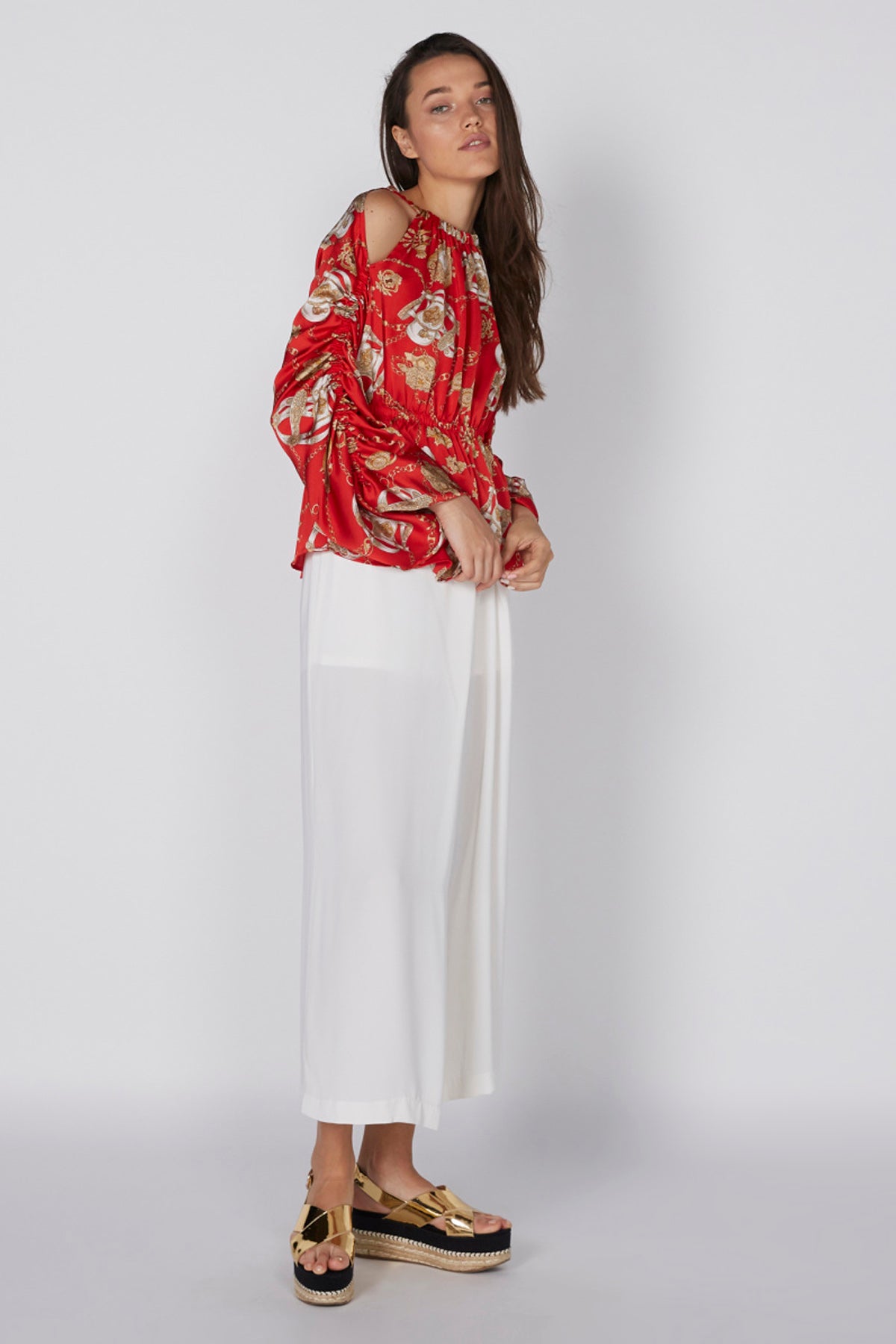 Printed Cold Shoulder Top with Ruched Long Sleeves