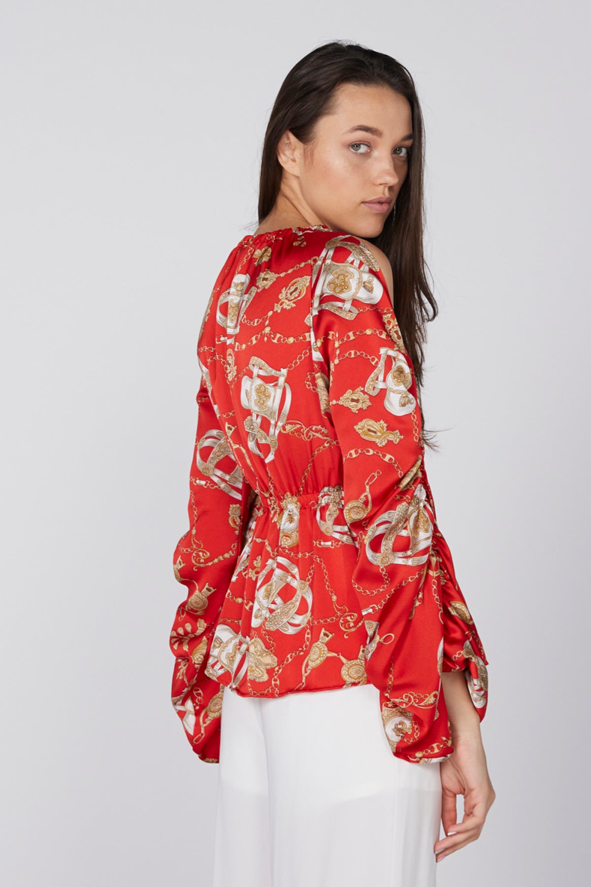 Printed Cold Shoulder Top with Ruched Long Sleeves