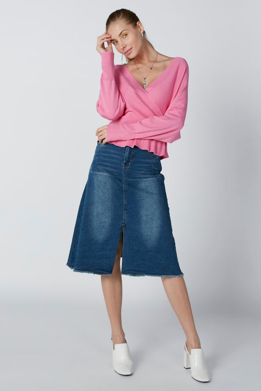 Textured Peplum Top with V-Neck and Long Sleeves