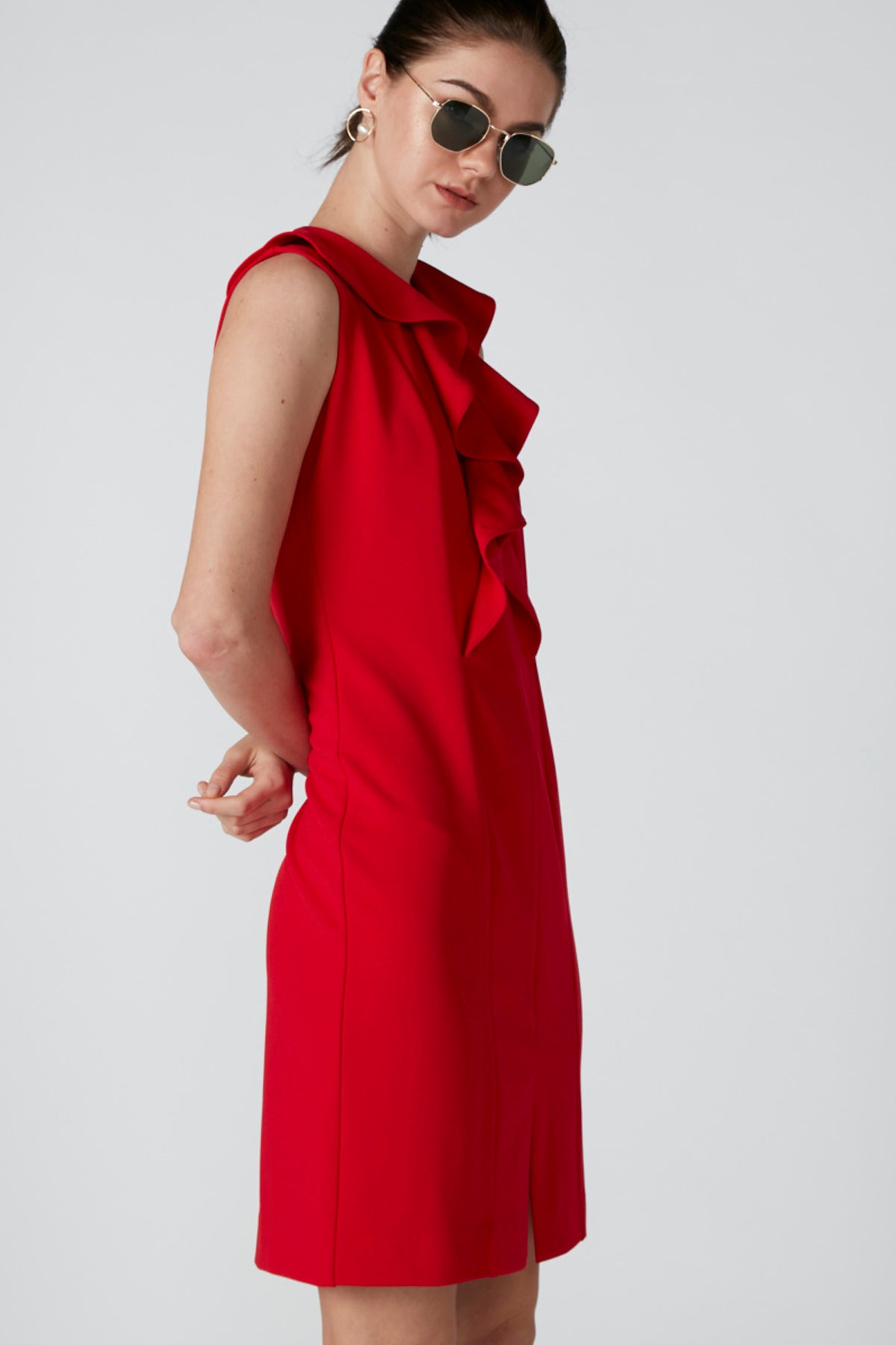 Ruffle Detail Sleeveless Midi Dress with Front Slit