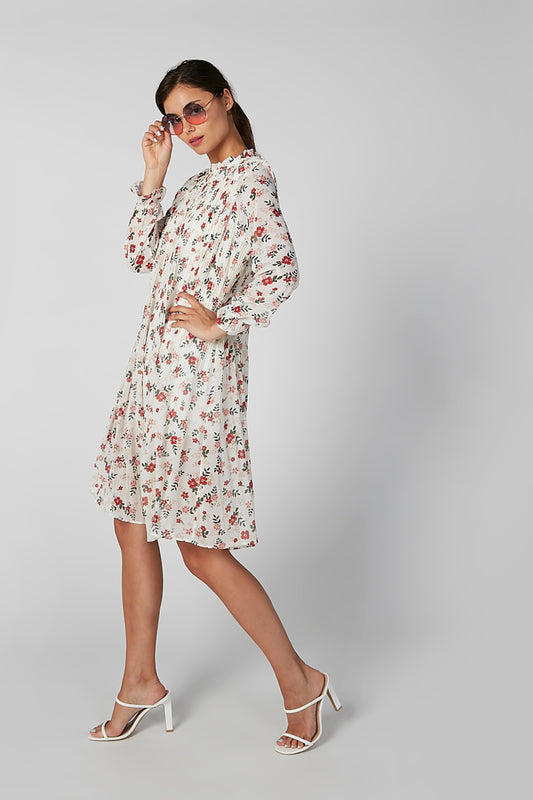 Floral Printed Midi Shift Dress with Ruffled Neckline