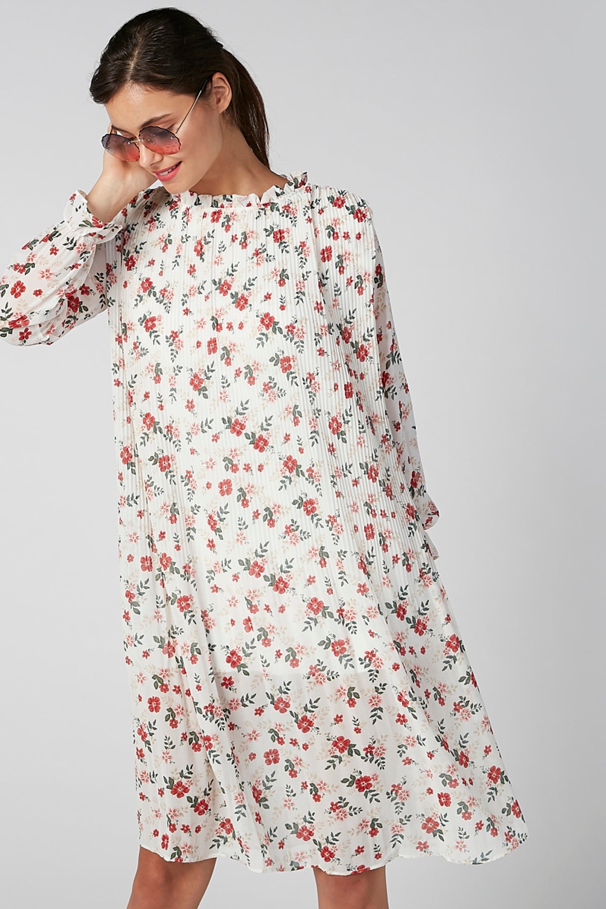 Floral Printed Midi Shift Dress with Ruffled Neckline