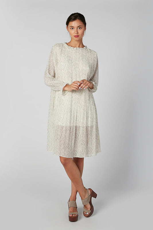 Printed Midi Shift Dress with Ruffled Neckline and Sleeve Hems