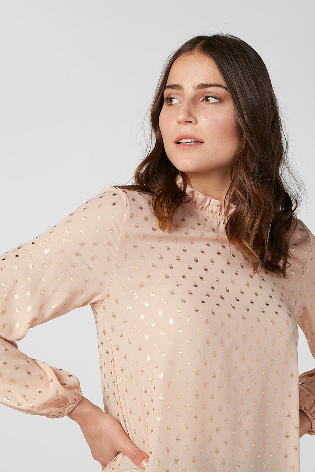 Printed Top with Ruffle High Neck and Bishop Sleeves