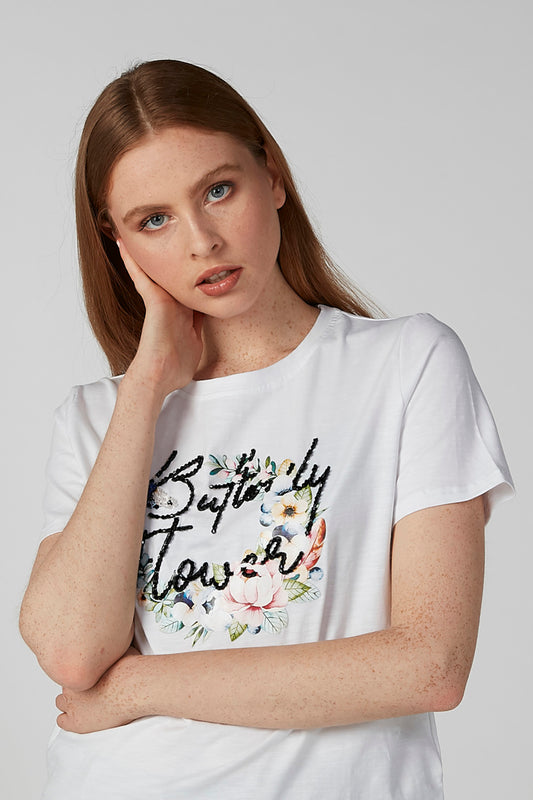 Floral Printed T-shirt with Round Neck and Embellishments