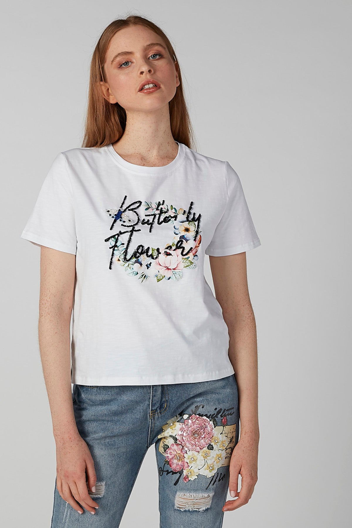 Floral Printed T-shirt with Round Neck and Embellishments