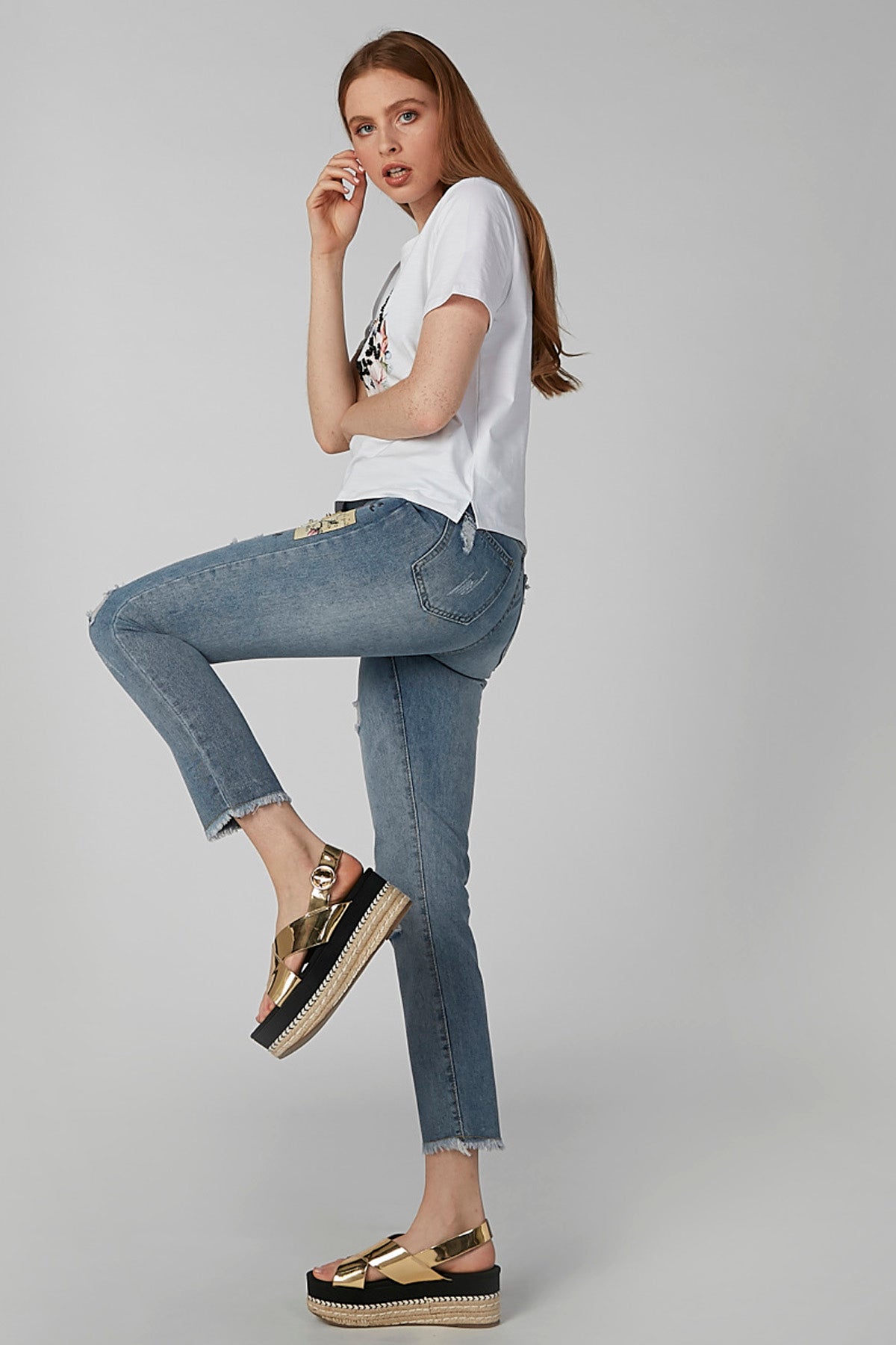 Floral Printed T-shirt with Round Neck and Embellishments