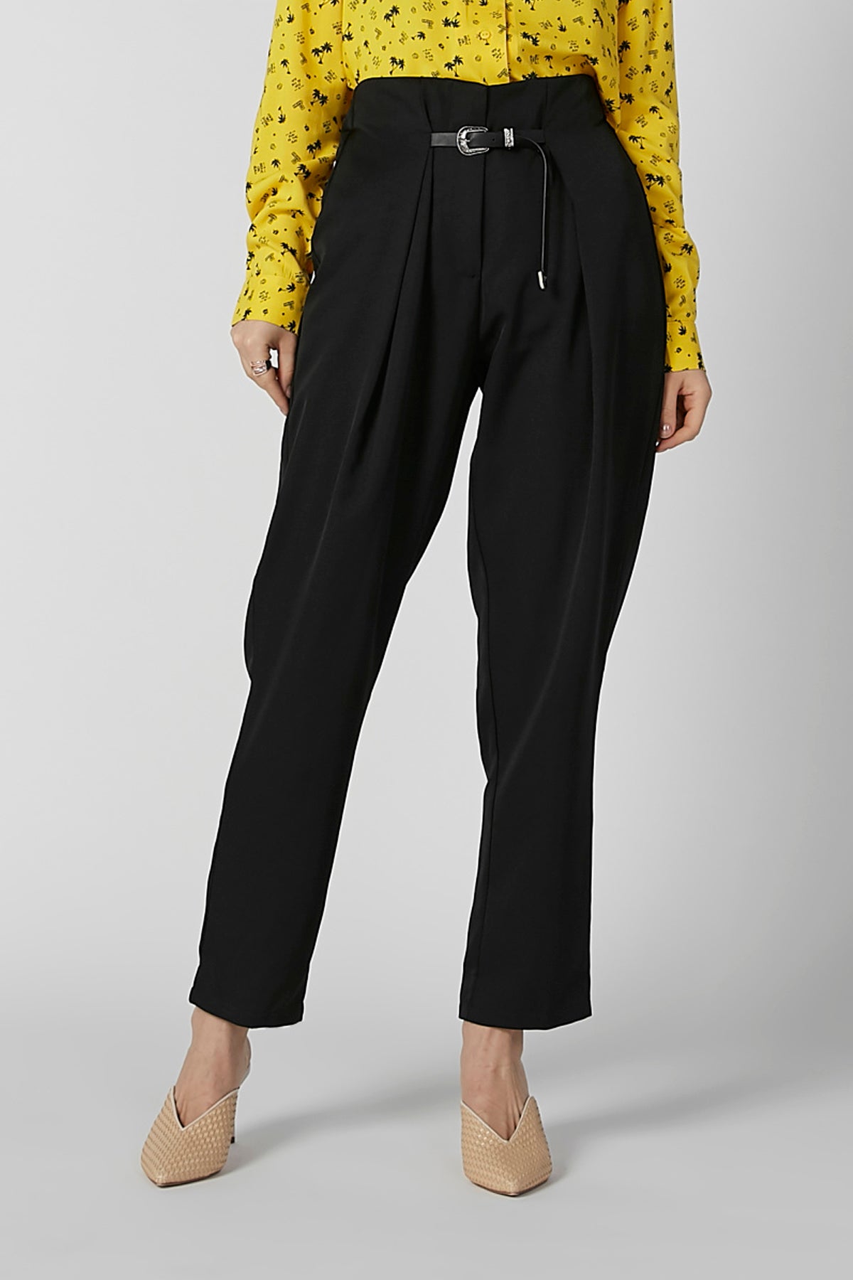 Plain Mid Waist Trousers with Pin Buckle Closure
