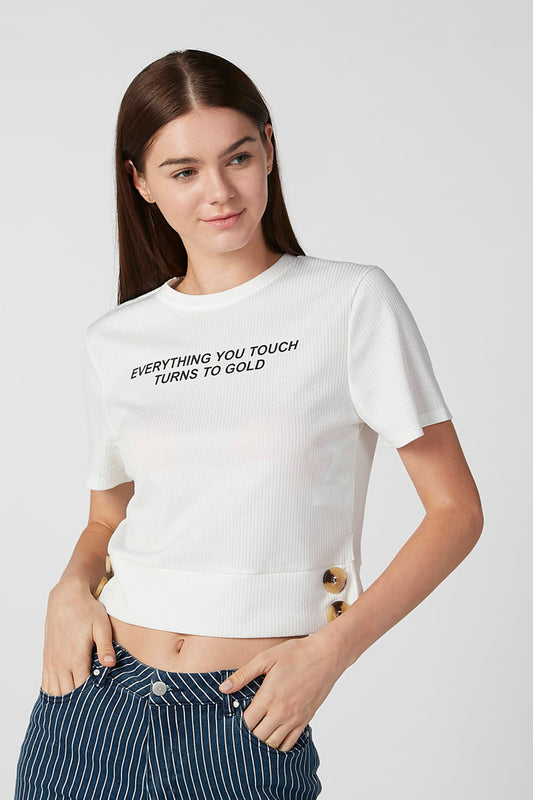 Printed Crop T-shirt with Round Neck and Short Sleeves