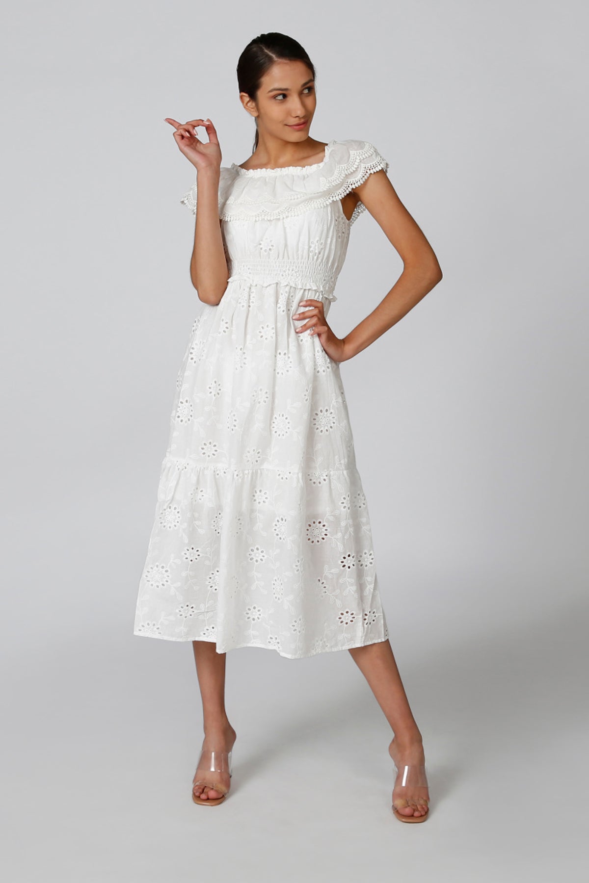 Schiffli Midi Dress with Cap Sleeves and Smocking Detail