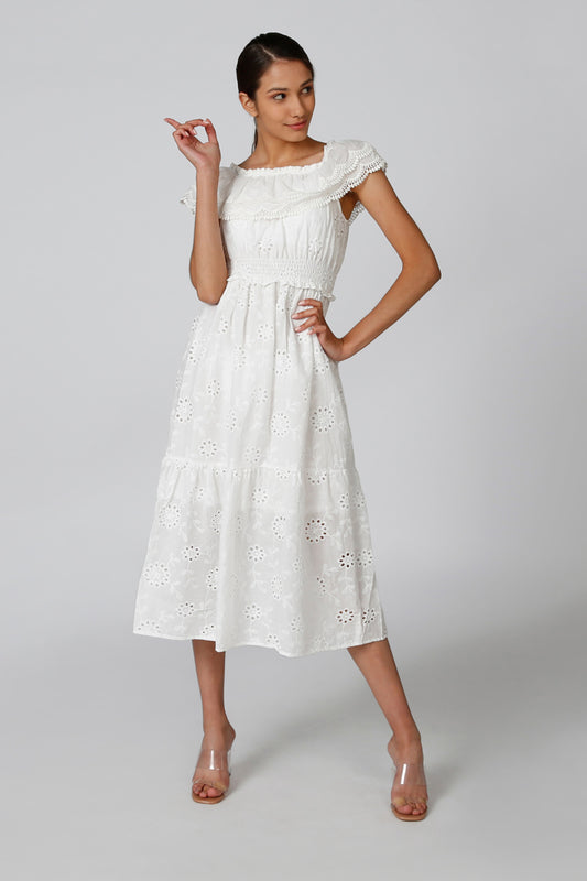 Schiffli Midi Dress with Cap Sleeves and Smocking Detail