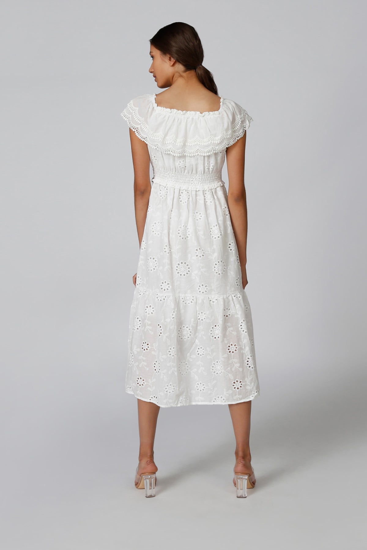 Schiffli Midi Dress with Cap Sleeves and Smocking Detail